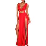 Røde Elegant Maxi Aftenkjoler med V-udskæring Størrelse XL til Damer 