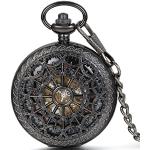 JewelryWe Classic Hand-wind Mechanical Pocket Watch Skeleton Black Hollow Spider Web Case with Chain Belt