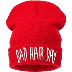 oversized beanie bad hair day hat women men funny winter (Bad Hair Day red)