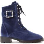 Blå Elegant Stuart Weitzman Flade støvler i Fløjl blokhæle med rem Størrelse 40.5 til Damer på udsalg 