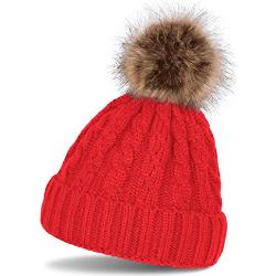styleBREAKER Cable Pattern Bobble Hat, Knitted Hat with Fur Bobble Winter Beanie Hat, Unisex 04024064 - Beanie red