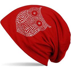 styleBREAKER 04024039 Women's Classic Beanie Hat with Rhinestone Owl Appliqué, red