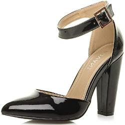 Women's High Block Heel Fashion Buckle Pointed Pumps Ankle Strap Shoes Size, Black (black varnish)