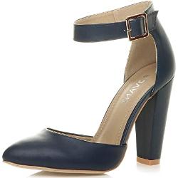 Women's High Block Heel Fashion Buckle Pointed Pumps Ankle Strap Shoes Size, Dark blue matte